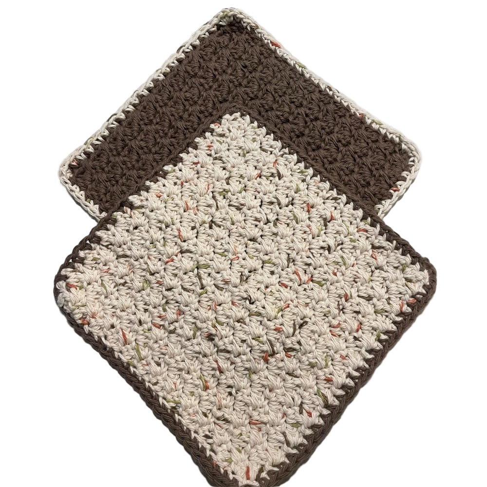 Handmade Crocheted 100% Cotton Washcloths, Dish Cloths, Hostess Gift Ecru /Brown